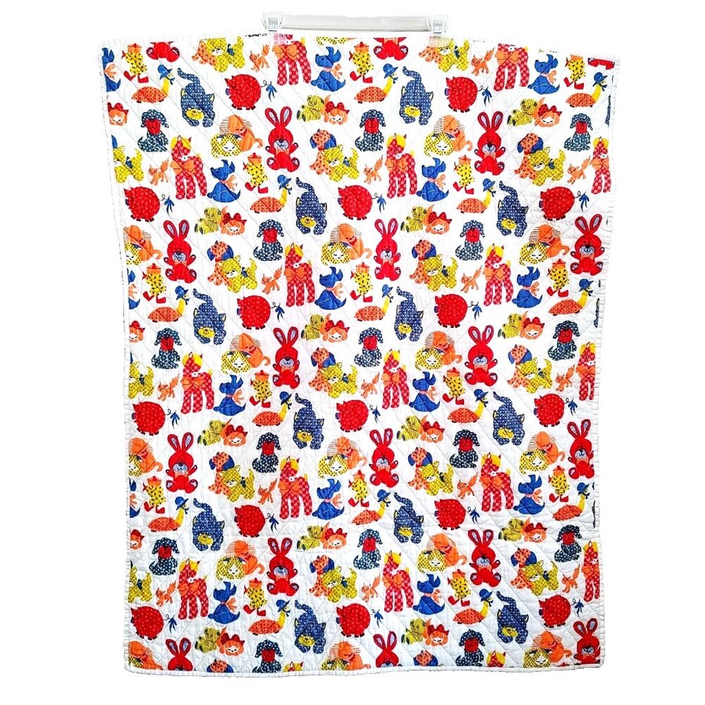 Vintage 1960s 70s Baby Animals Colorful Nursery Baby Blanket 42" X 32"